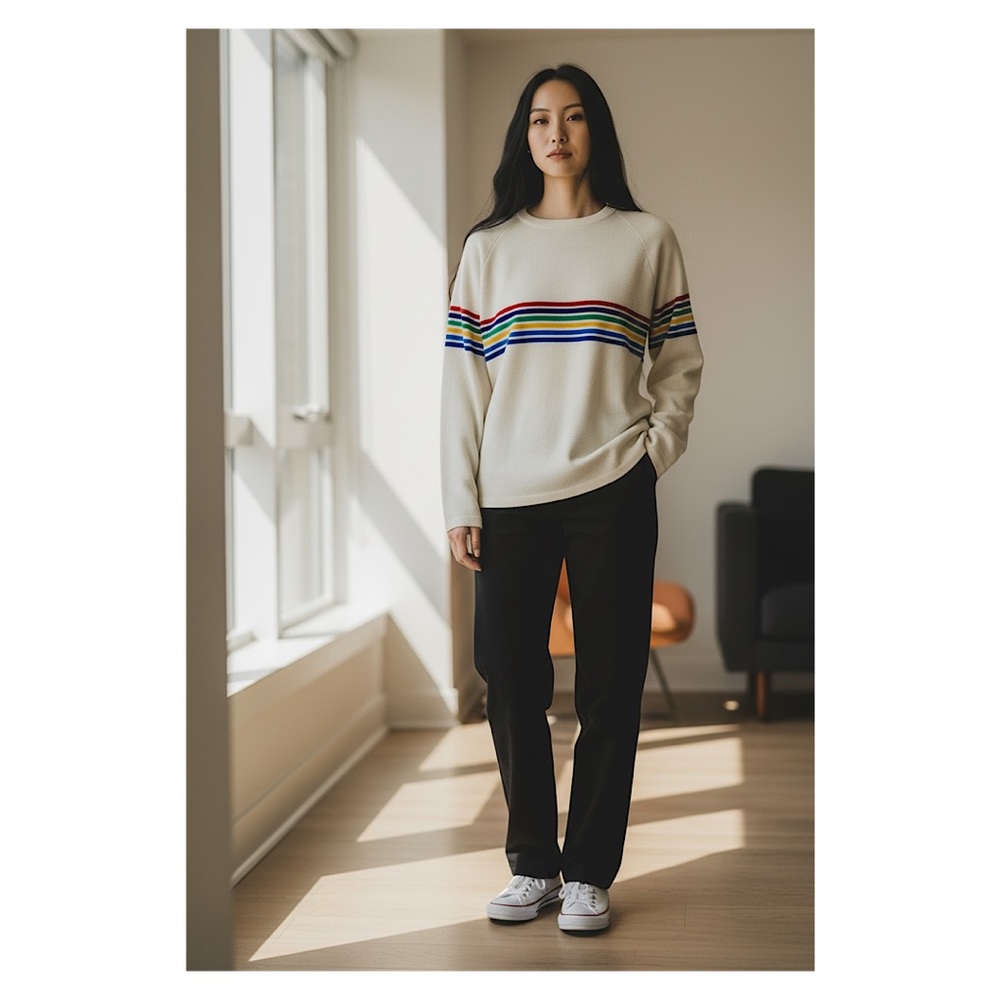 Meister Vintage Ski Sweater, Rainbow Stripe on Cream, 100% Wool, EUC